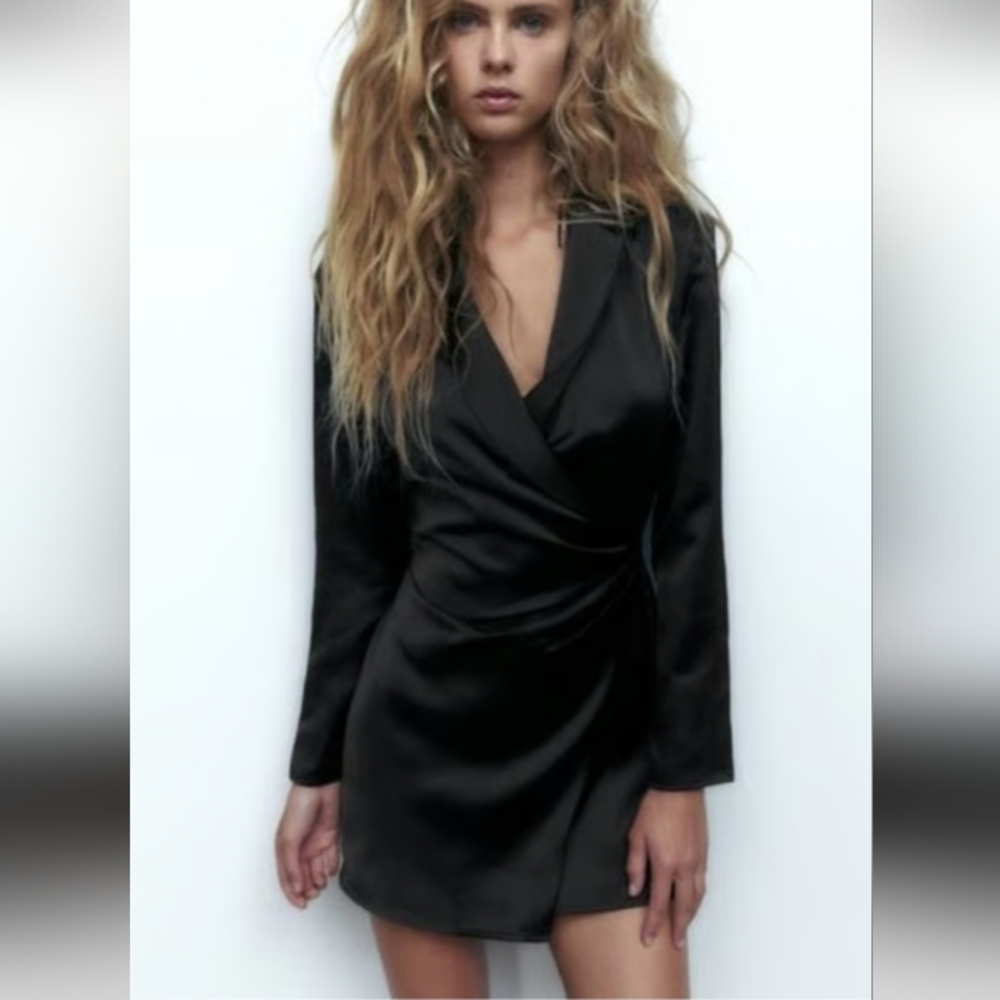 Zara Satin Black Wrap Dress Sz-XL